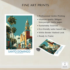 Santo Domingo travel poster print with colorful colonial buildings, palm trees, and a church tower, ready to frame.