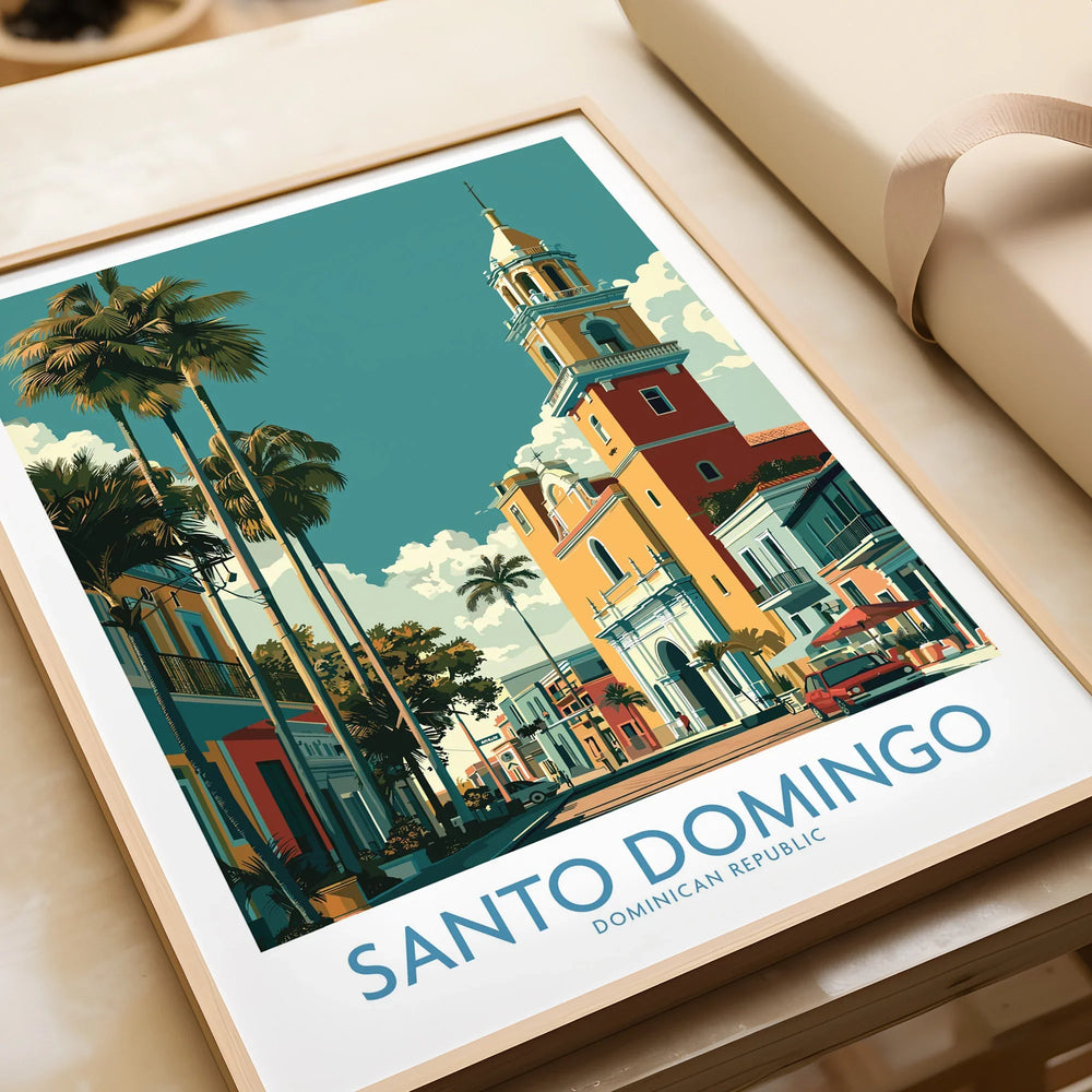 Santo Domingo travel poster with colorful colonial buildings, palm trees, and cathedral, Dominican Republic wall art