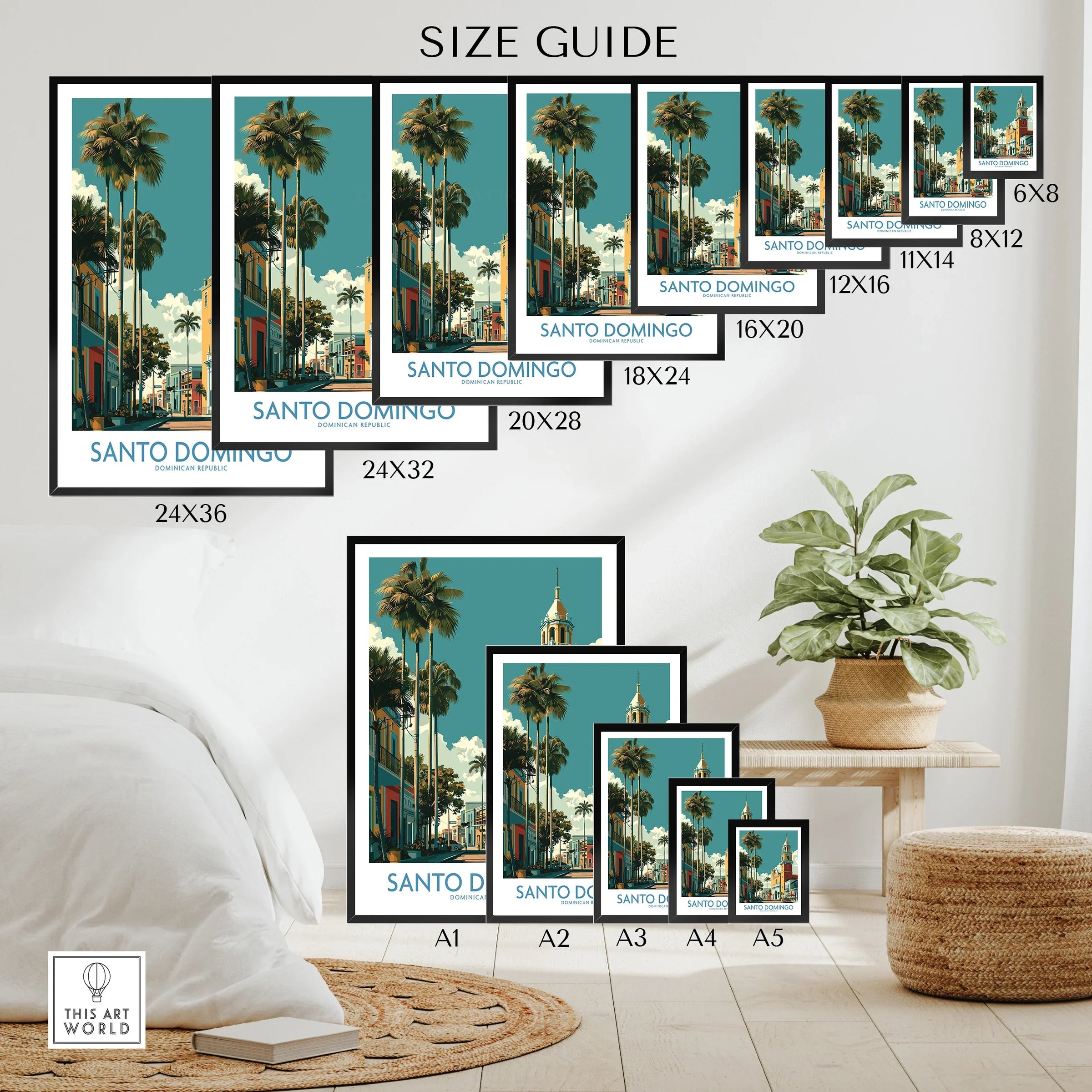 Santo Domingo travel poster size guide with palm trees, colorful buildings, and wall art options for home decor