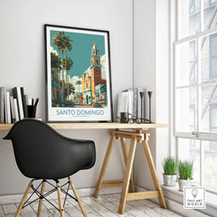 Santo Domingo travel poster with palm trees and historic buildings, perfect wall art for home decor.
