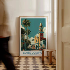 Santo Domingo travel poster with palm trees and historic tower, Dominican Republic wall art print