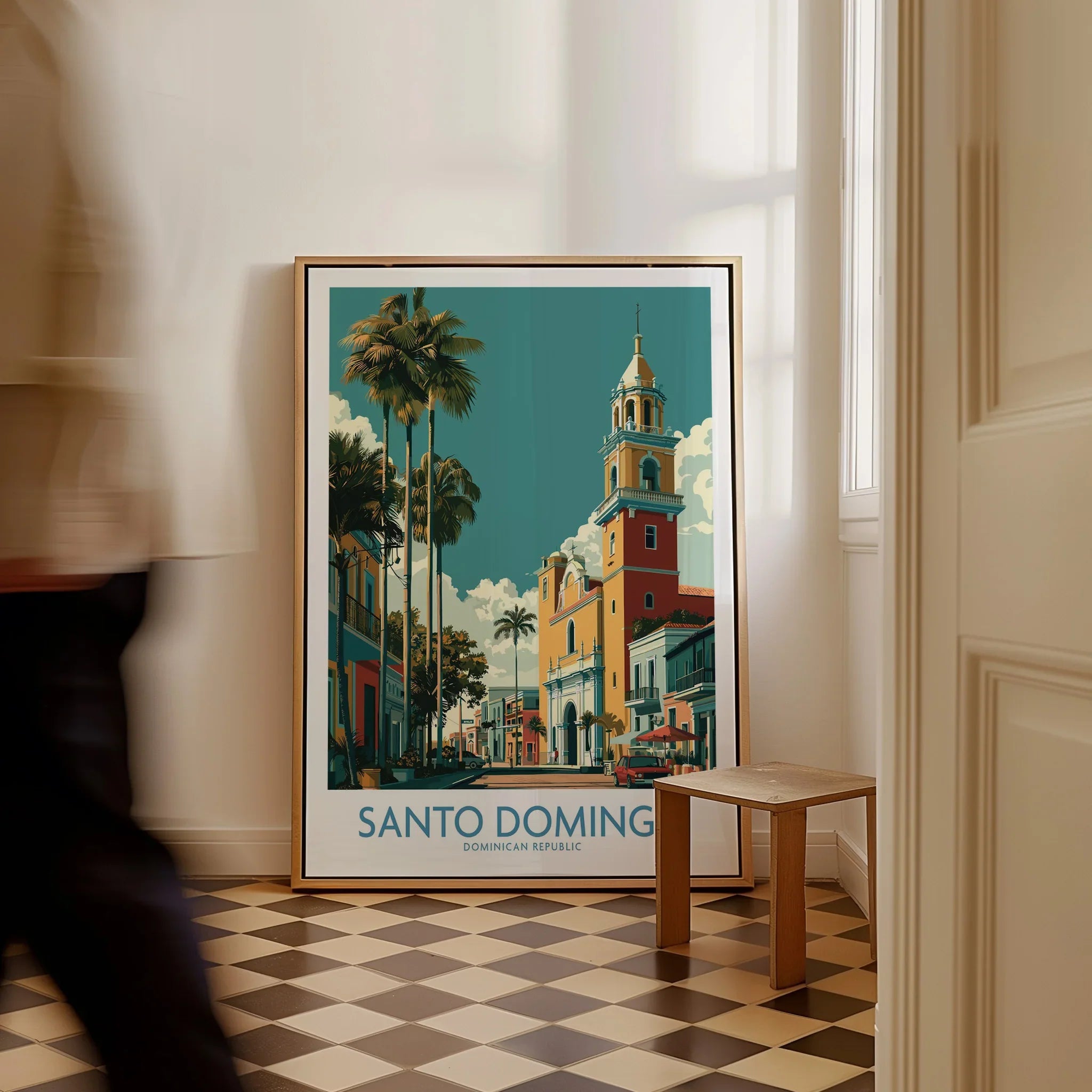 Santo Domingo travel poster with palm trees and historic tower, Dominican Republic wall art print