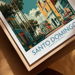 Santo Domingo travel poster wall art with colorful colonial buildings and palm trees, Dominican Republic