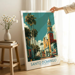 Santo Domingo travel poster print with palm trees and historic architecture, perfect wall art for home decor