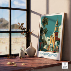 Santo Domingo travel poster with colorful colonial buildings, palm trees, and a church tower, perfect for home wall art decor.