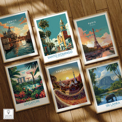 Framed travel posters of Venice, Paris, Singapore, Barcelona, Sri Lanka, and Santo Domingo for wall art decor