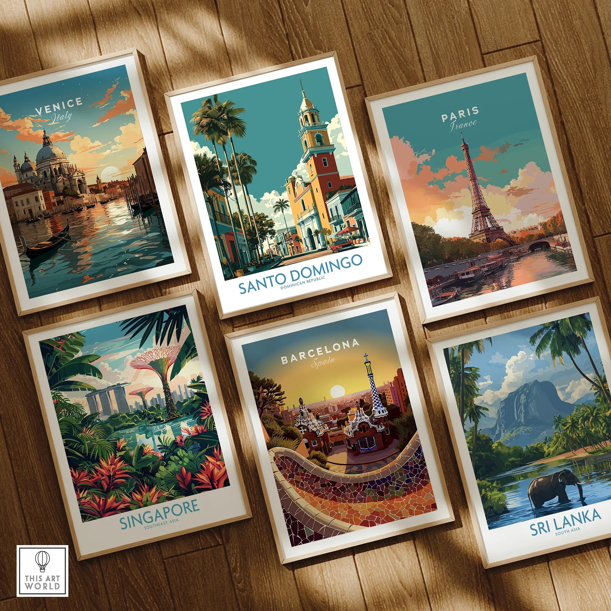 Framed travel posters of Venice, Paris, Singapore, Barcelona, Sri Lanka, and Santo Domingo for wall art decor
