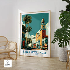 Santo Domingo travel poster with colorful colonial buildings, palm trees, and a church tower, perfect for wall art decor.