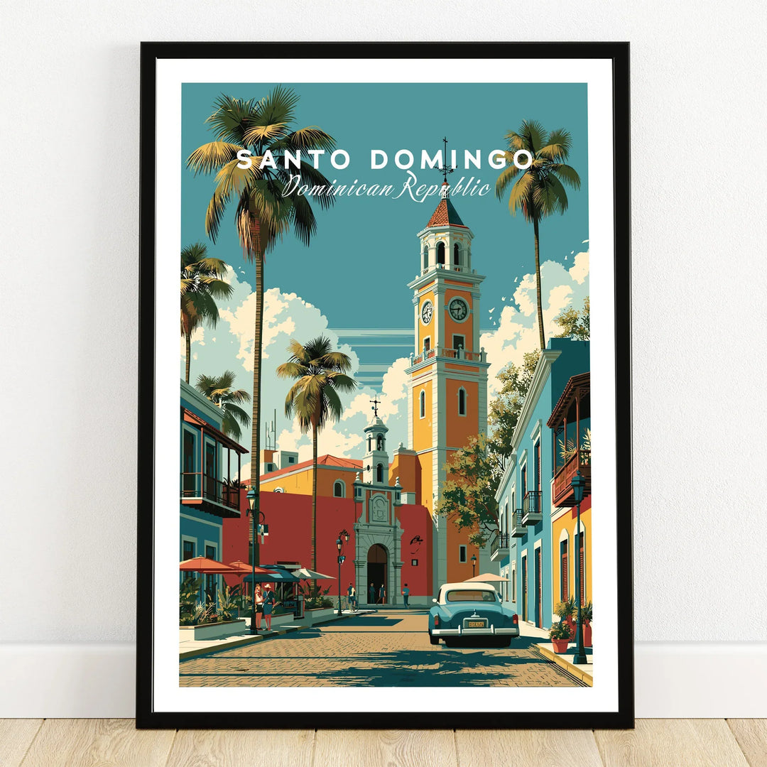 Santo Domingo travel poster with palm trees, clock tower, and vintage car for wall art decor