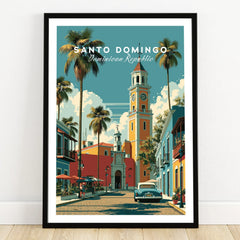 Santo Domingo travel poster with palm trees, clock tower, and vintage car for wall art decor