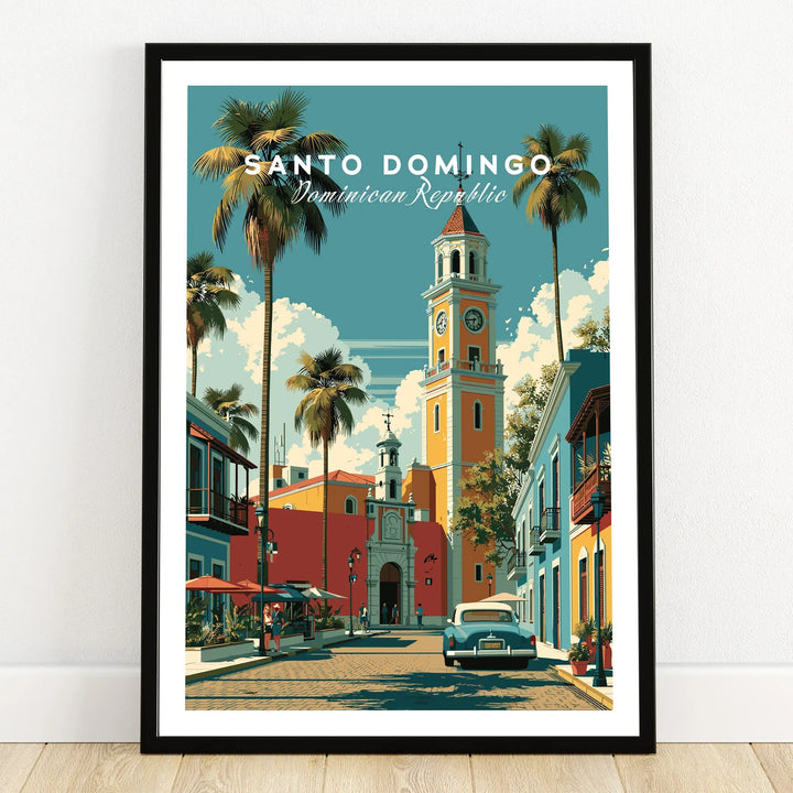 Santo Domingo travel poster with palm trees, clock tower, and vintage car for wall art decor