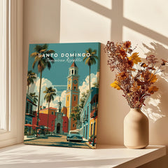 Santo Domingo travel poster with colorful buildings, palm trees, and vintage car, perfect for wall art decor