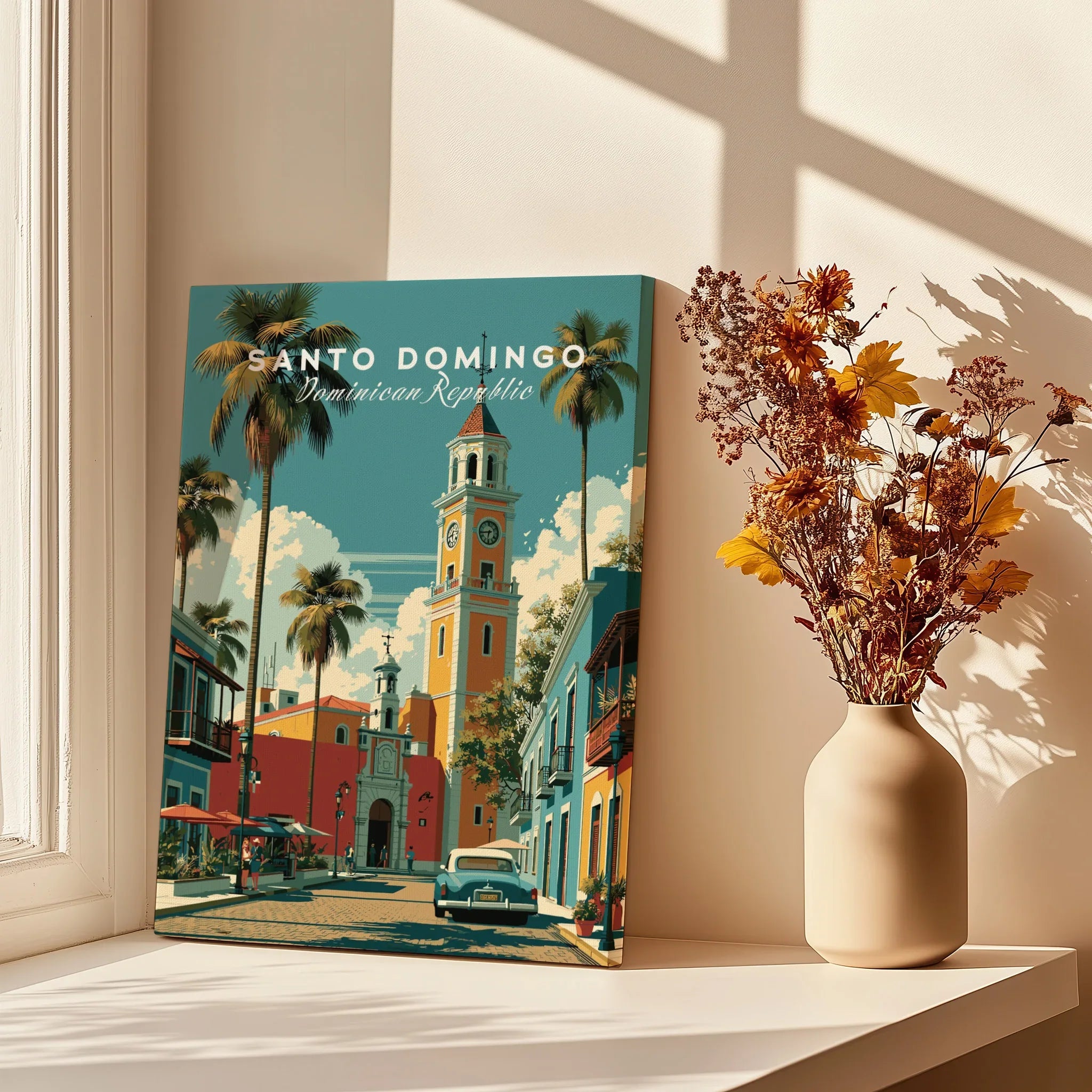 Santo Domingo travel poster with colorful buildings, palm trees, and vintage car, perfect for wall art decor