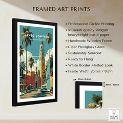 Santo Domingo travel poster print with palm trees, clock tower, and vintage car in black frame for wall art decor