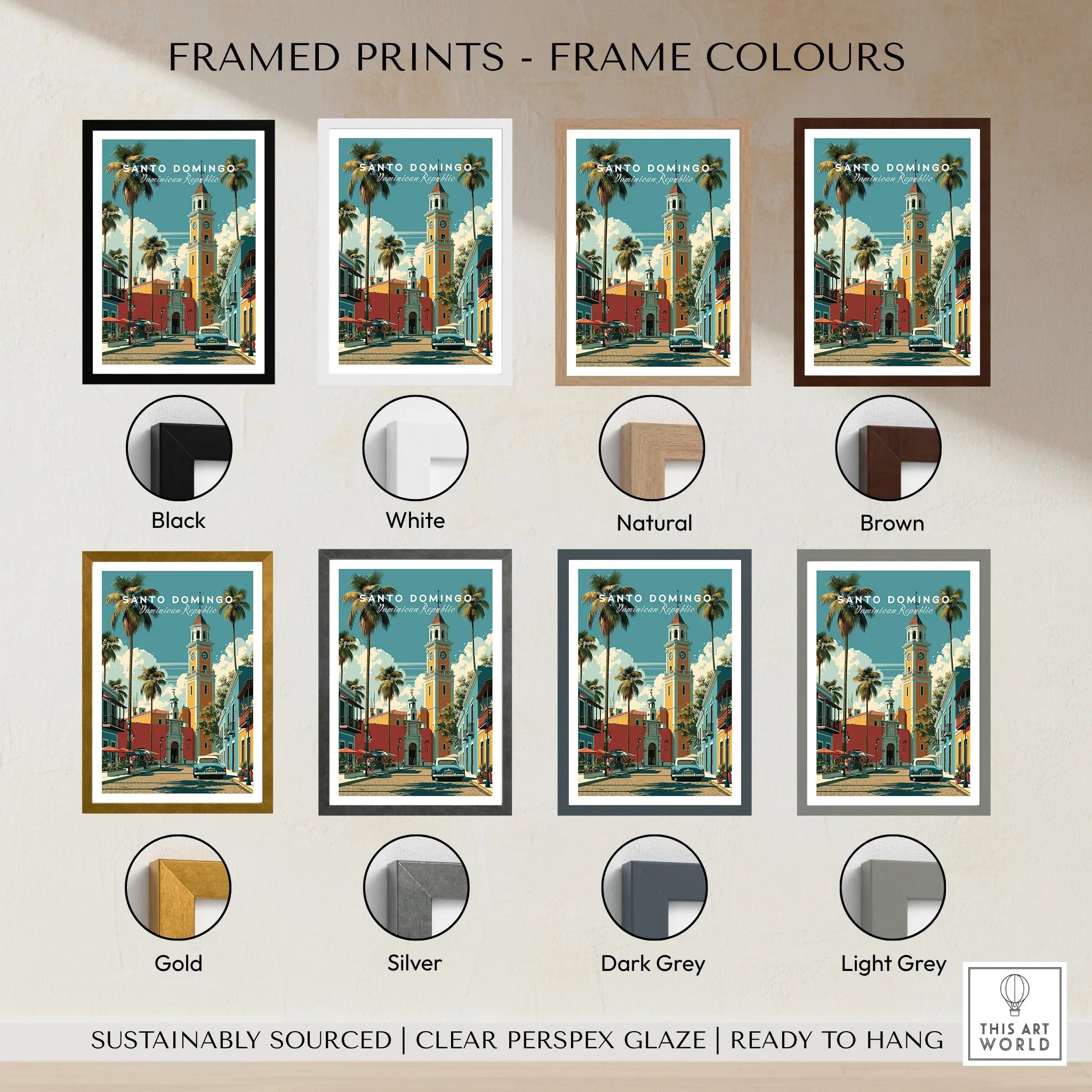 Santo Domingo travel poster in eight frame colors: black, white, natural, brown, gold, silver, dark grey, light grey