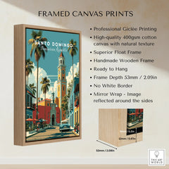 Santo Domingo travel poster print with palm trees, clock tower, and vintage car in wooden frame for wall decor