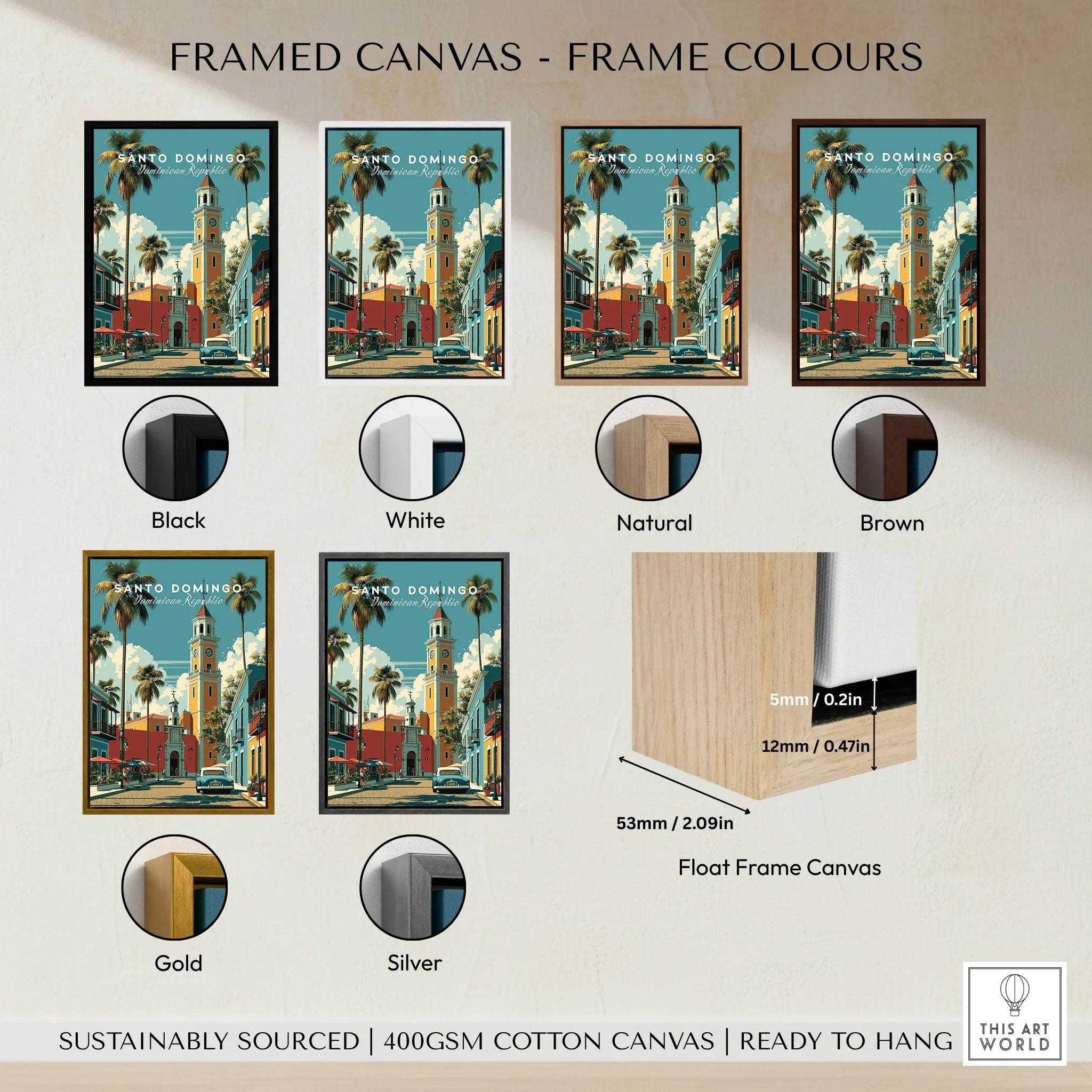 Santo Domingo travel poster in black, white, natural, brown, gold, and silver float frames, ready to hang