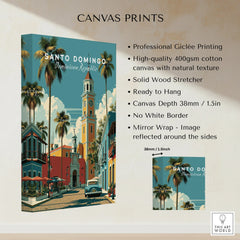 Santo Domingo travel poster canvas print with palm trees, clock tower, and vintage car for wall art decor