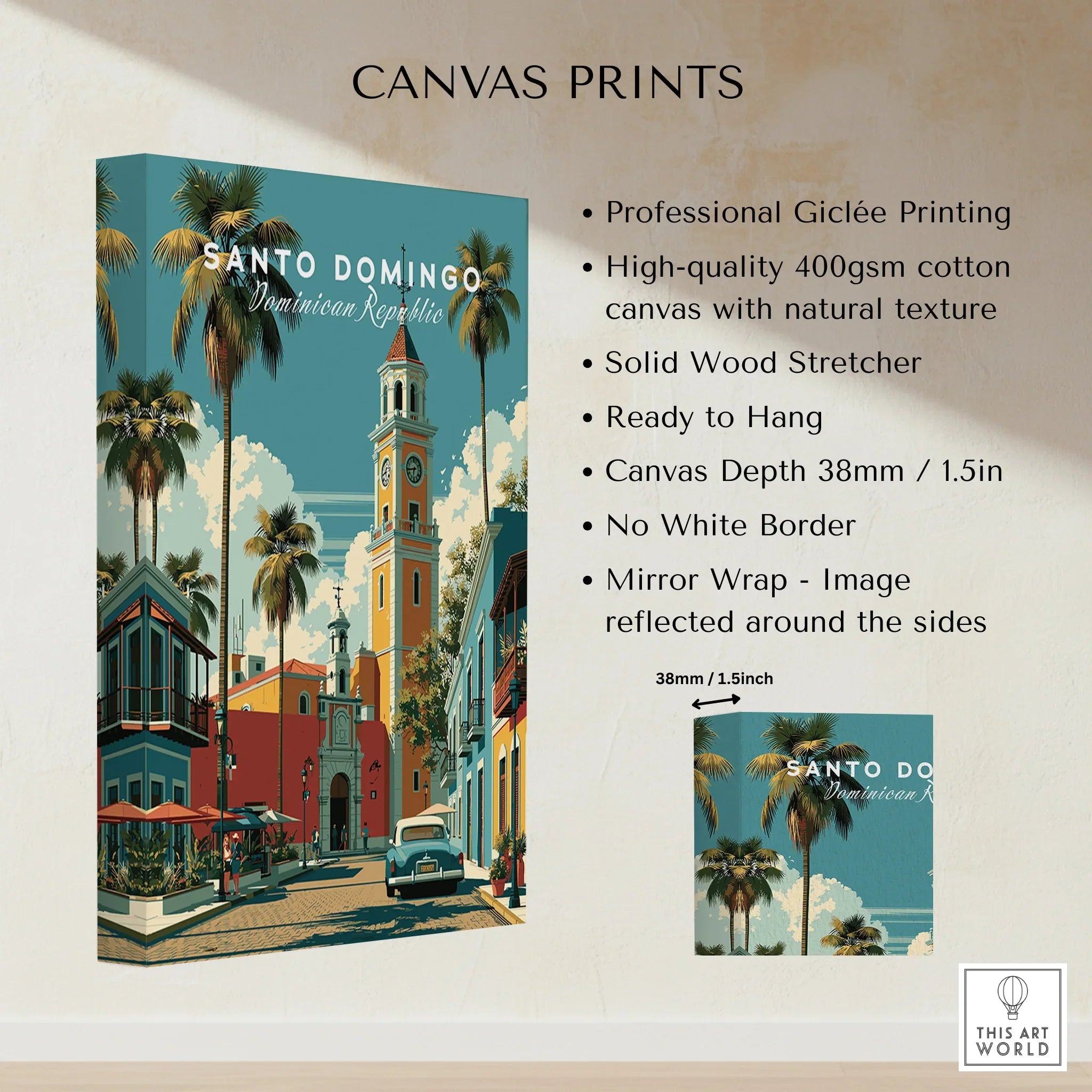 Santo Domingo travel poster canvas print with palm trees, clock tower, and vintage car for wall art decor