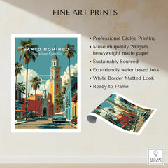 Santo Domingo travel poster with palm trees, colorful buildings, and vintage car, fine art print ready to frame