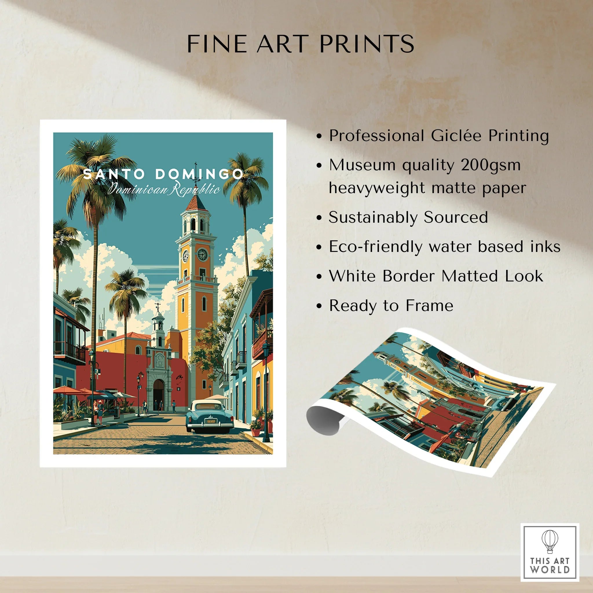Santo Domingo travel poster with palm trees, colorful buildings, and vintage car, fine art print ready to frame