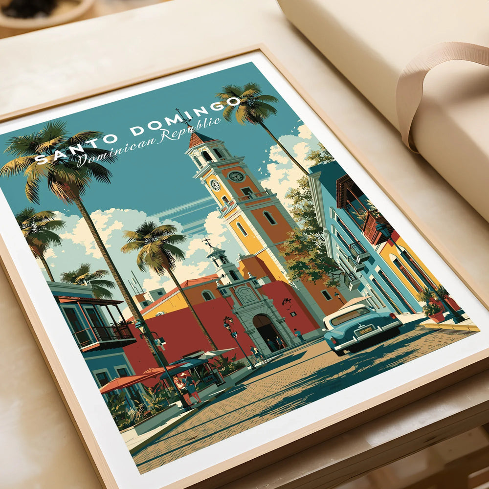 Santo Domingo travel poster with palm trees, historic clock tower, and vintage car, perfect for wall art decor.