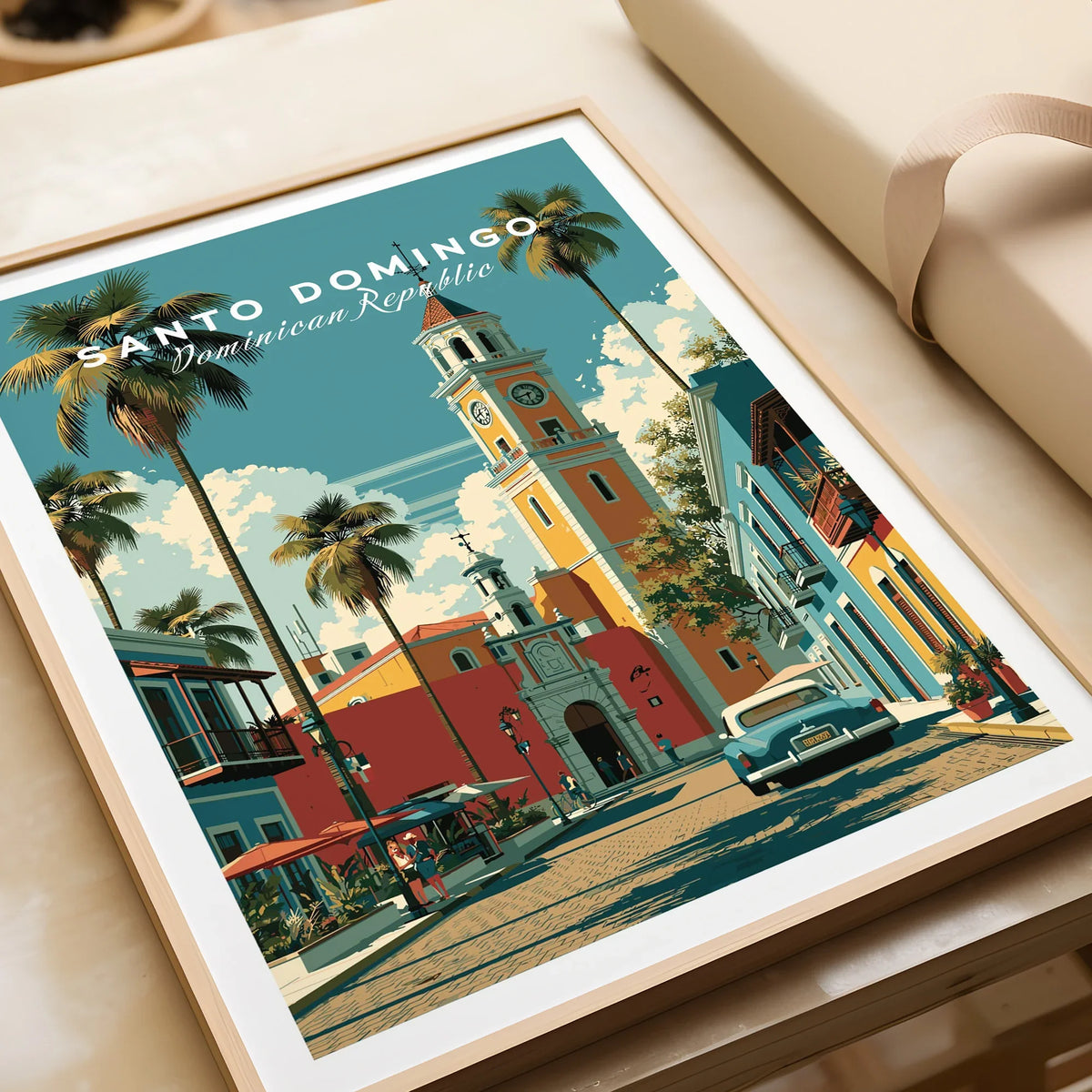 Santo Domingo travel poster with palm trees, historic clock tower, and vintage car, perfect for wall art decor.