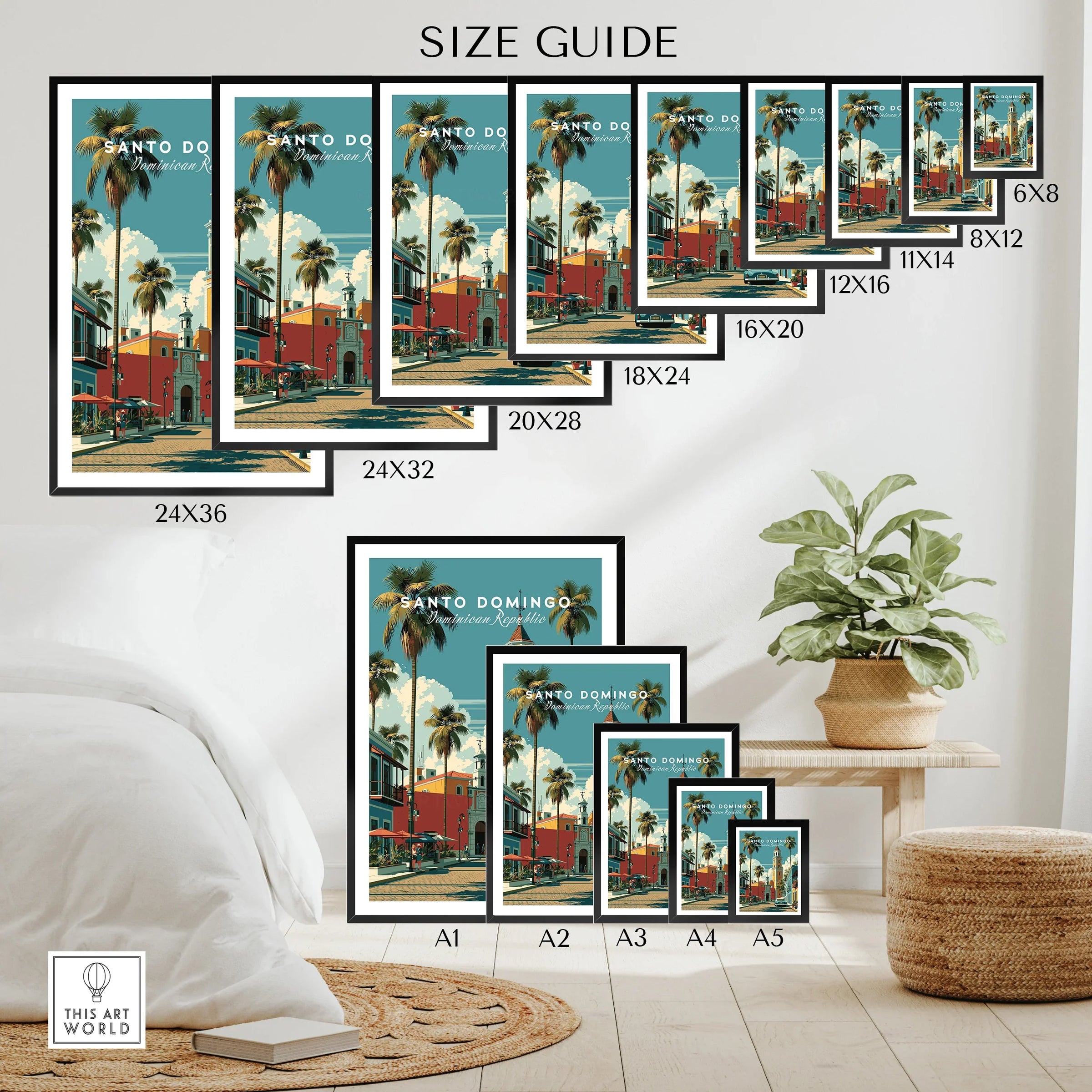 Santo Domingo travel poster size guide with palm trees, colorful buildings, and vintage car for wall art decor
