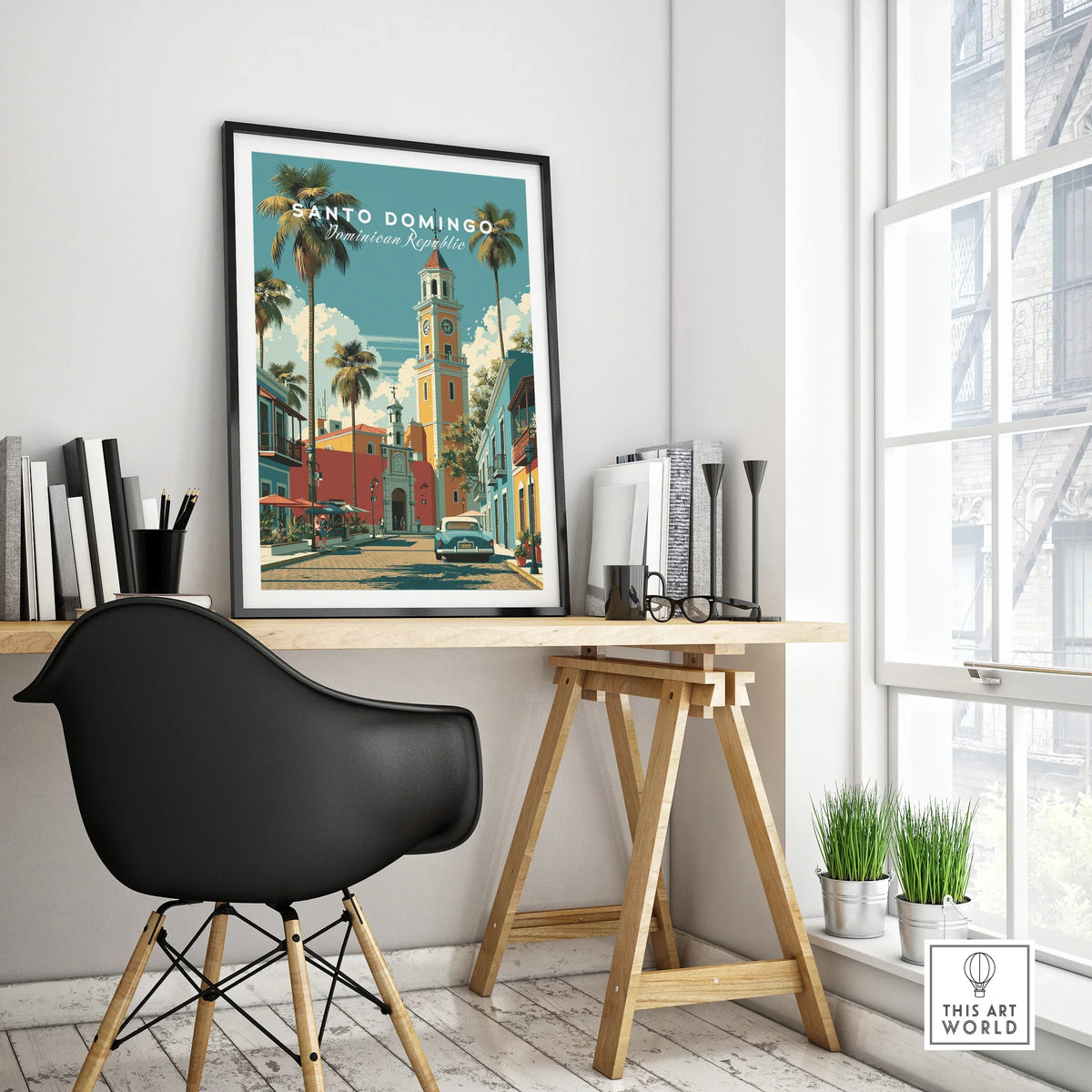 Santo Domingo travel poster with palm trees, colorful buildings, and vintage car, perfect for home wall art decor.