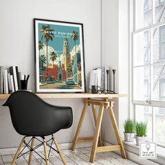 Santo Domingo travel poster with palm trees, colorful buildings, and vintage car, perfect for home wall art decor.