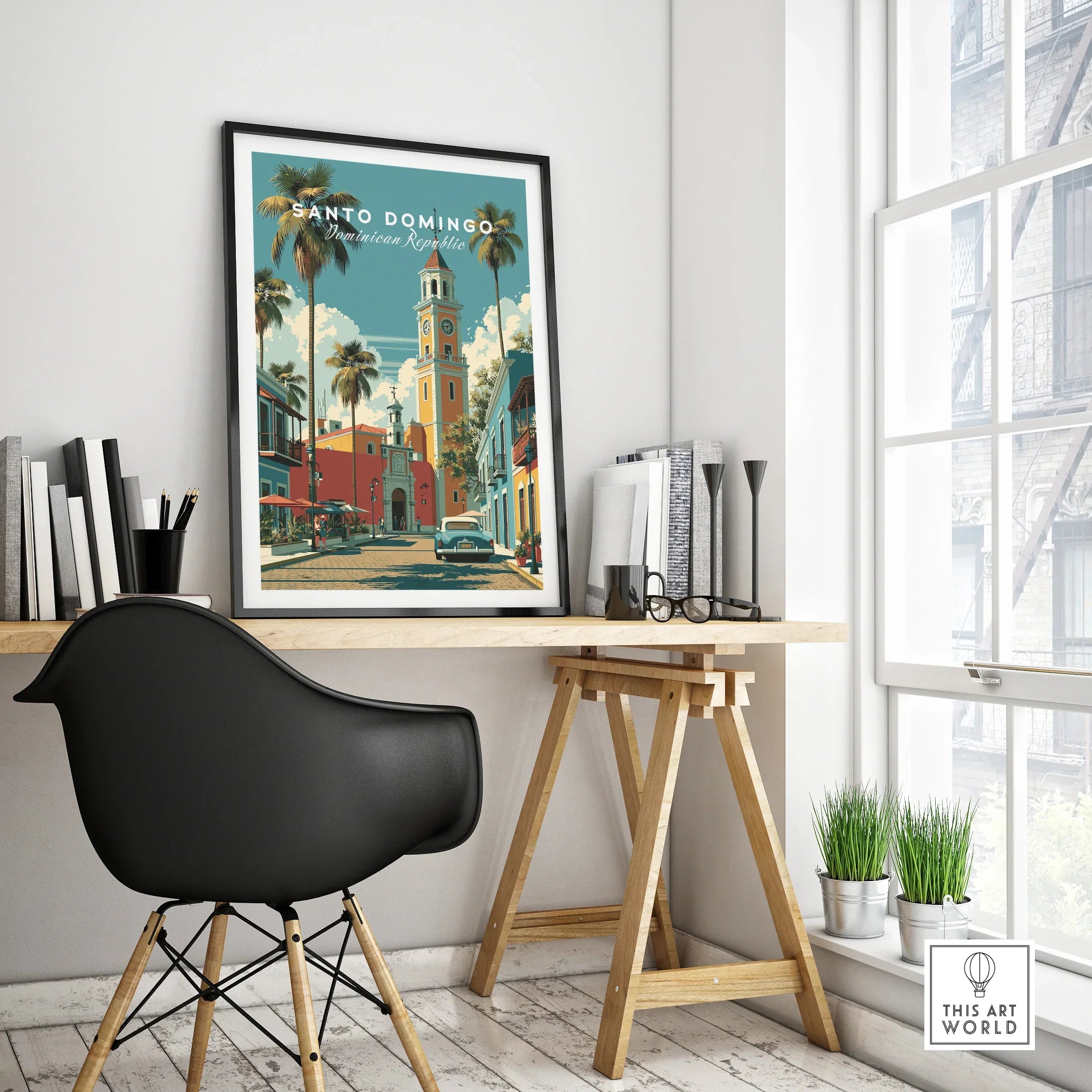 Santo Domingo travel poster with palm trees, colorful buildings, and vintage car, perfect for home wall art decor.