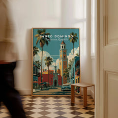 Santo Domingo travel poster with palm trees, colorful buildings, and clock tower, perfect wall art for home decor.