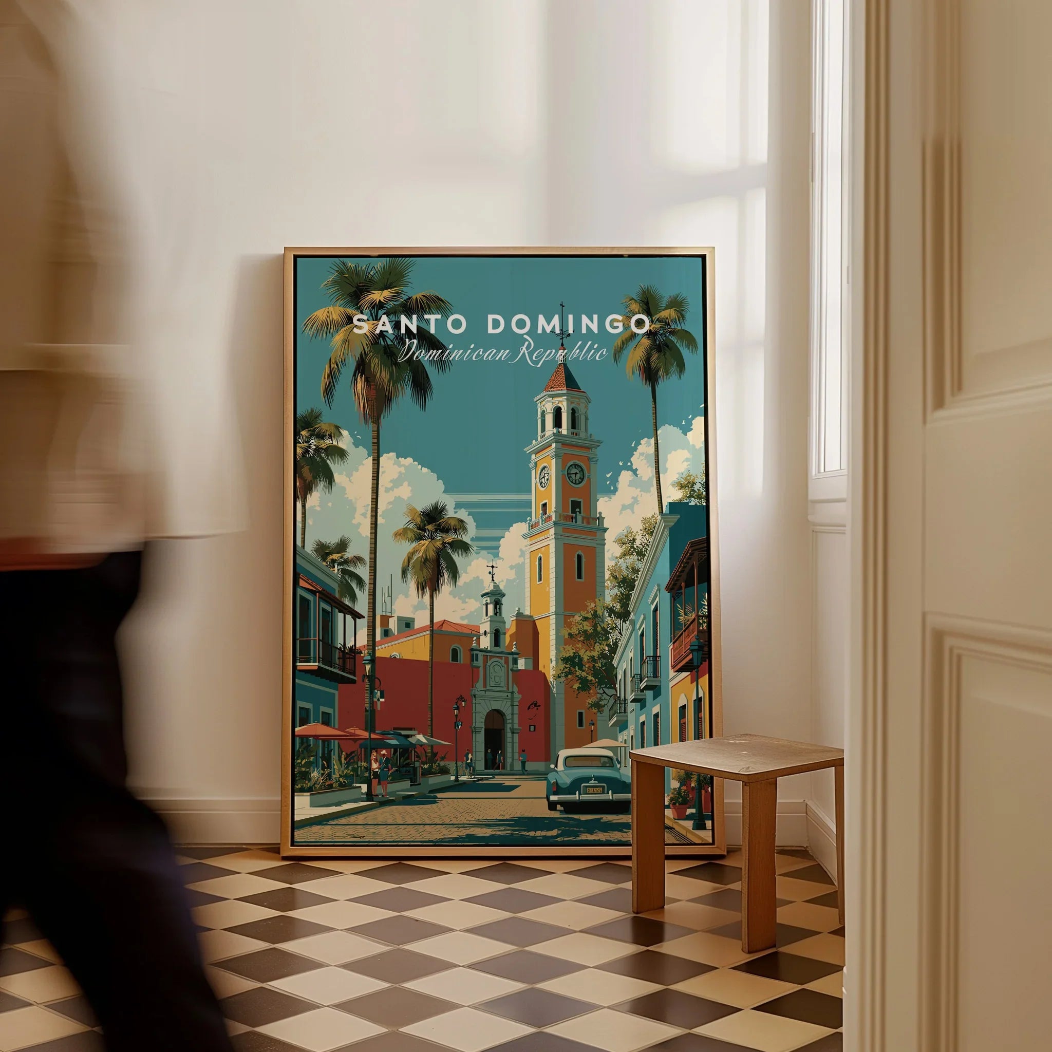 Santo Domingo travel poster with palm trees, colorful buildings, and clock tower, perfect wall art for home decor.