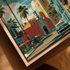 Vibrant tropical cityscape travel poster with palm trees, colorful buildings, and vintage car, perfect wall art.