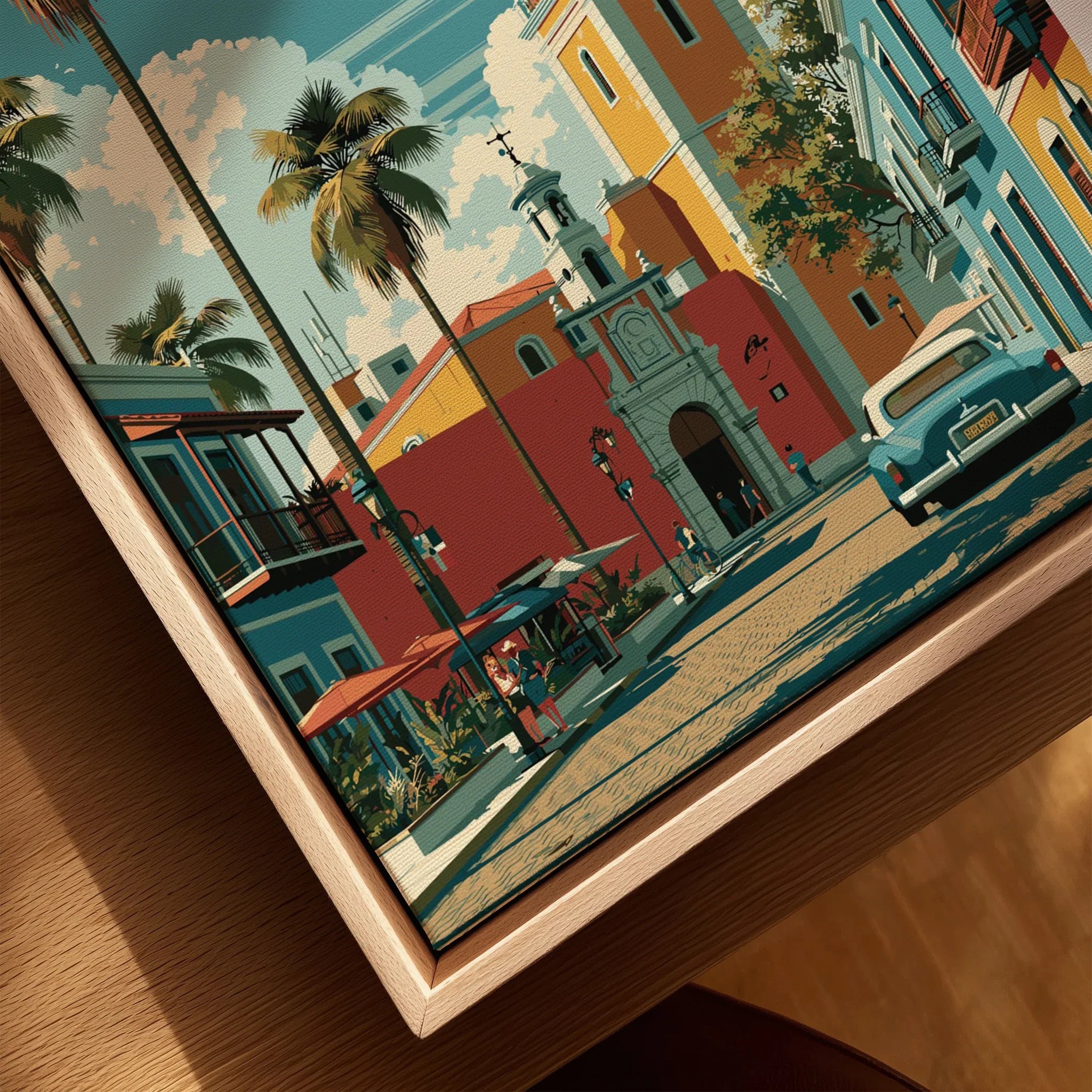 Vibrant tropical cityscape travel poster with palm trees, colorful buildings, and vintage car, perfect wall art.