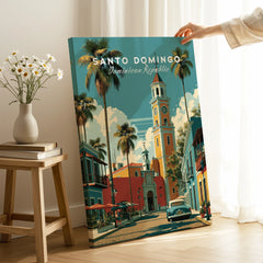 Santo Domingo travel poster with palm trees, clock tower, and colorful street art for home decor