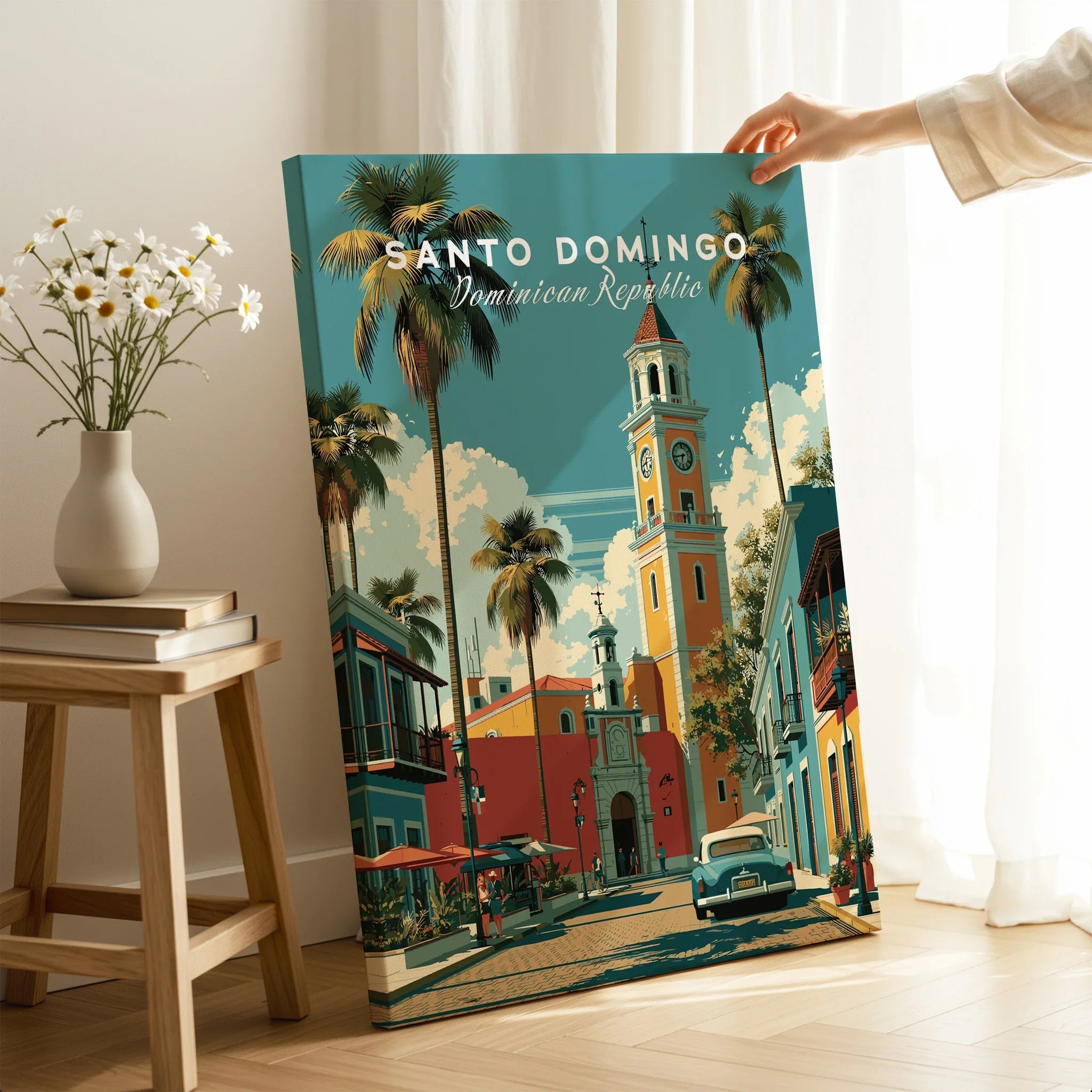 Santo Domingo travel poster with palm trees, clock tower, and colorful street art for home decor