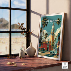 Santo Domingo travel poster with palm trees, colorful buildings, and vintage car, perfect for wall art decor