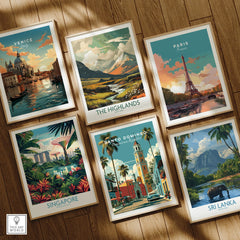 Framed travel posters of Venice, Paris, Singapore, Sri Lanka, Santo Domingo & The Highlands for wall art decor