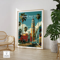 Santo Domingo travel poster with colorful colonial buildings, palm trees, and vintage car, perfect wall art decor.