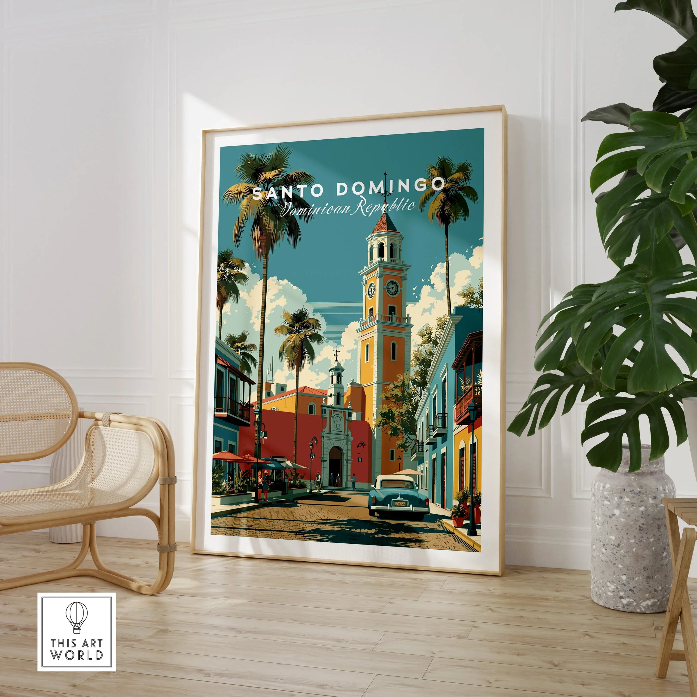 Santo Domingo travel poster with colorful colonial buildings, palm trees, and vintage car, perfect wall art decor.