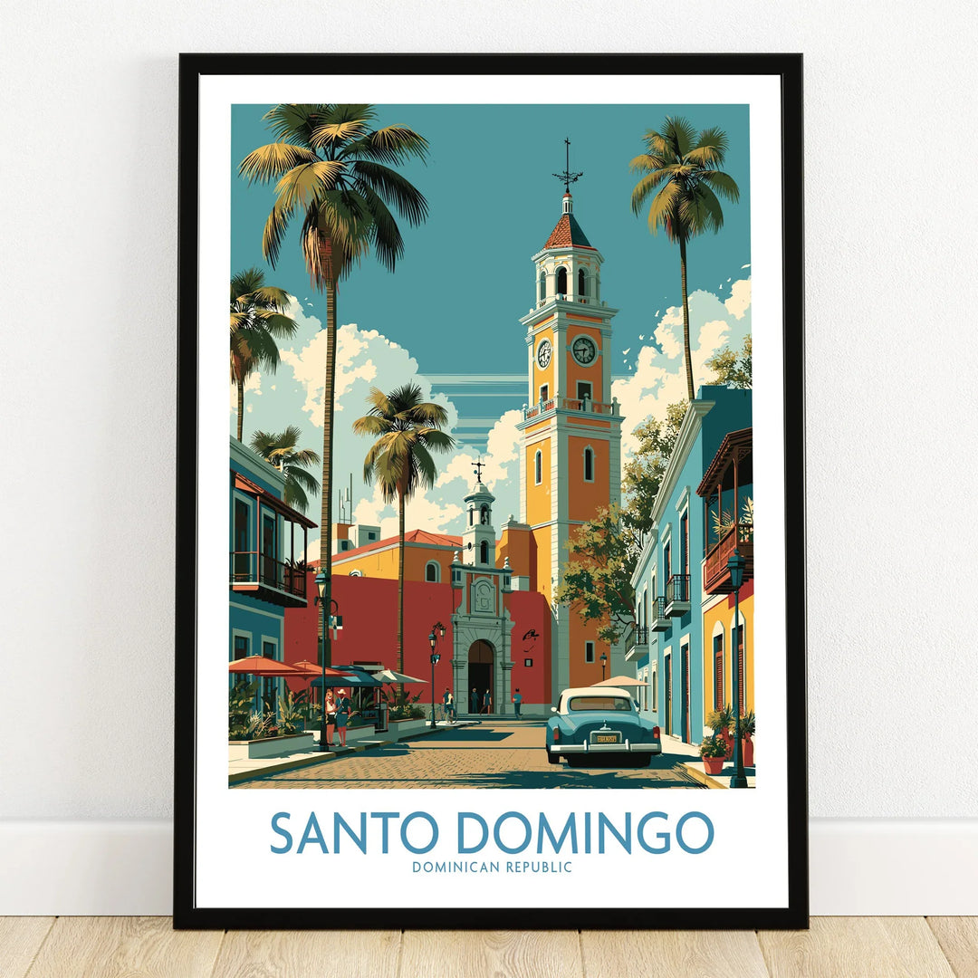 Santo Domingo travel poster with colorful colonial buildings, palm trees, and a vintage car, perfect for wall art.