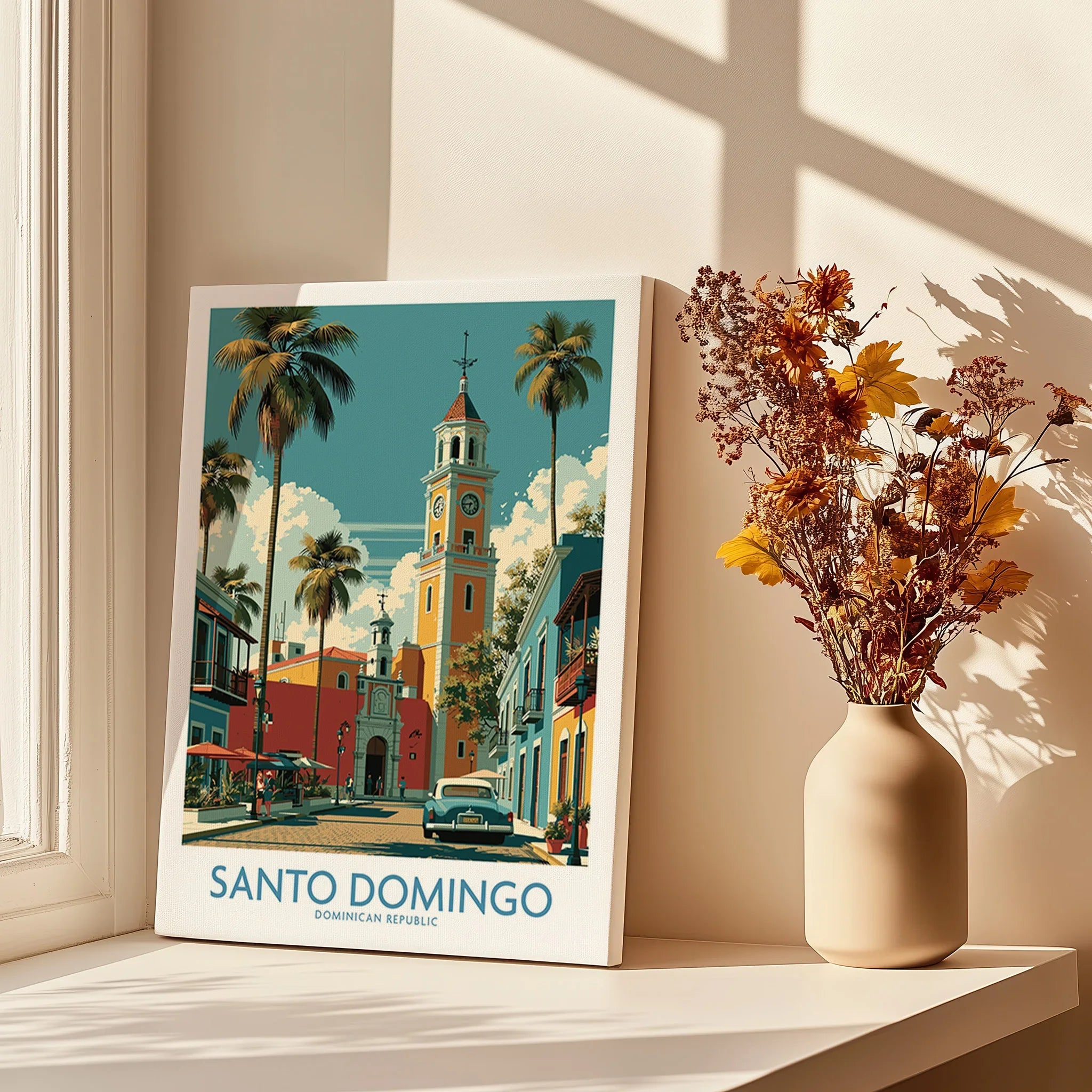 Santo Domingo travel poster with colorful colonial buildings, palm trees, and vintage car, perfect for wall art decor.