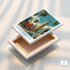Santo Domingo travel poster canvas art with palm trees, colorful buildings, and vintage car for wall decor
