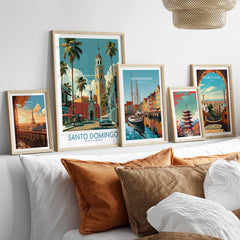 Framed travel posters of Paris, Santo Domingo, Copenhagen, Tokyo, and Barcelona for wall art decor