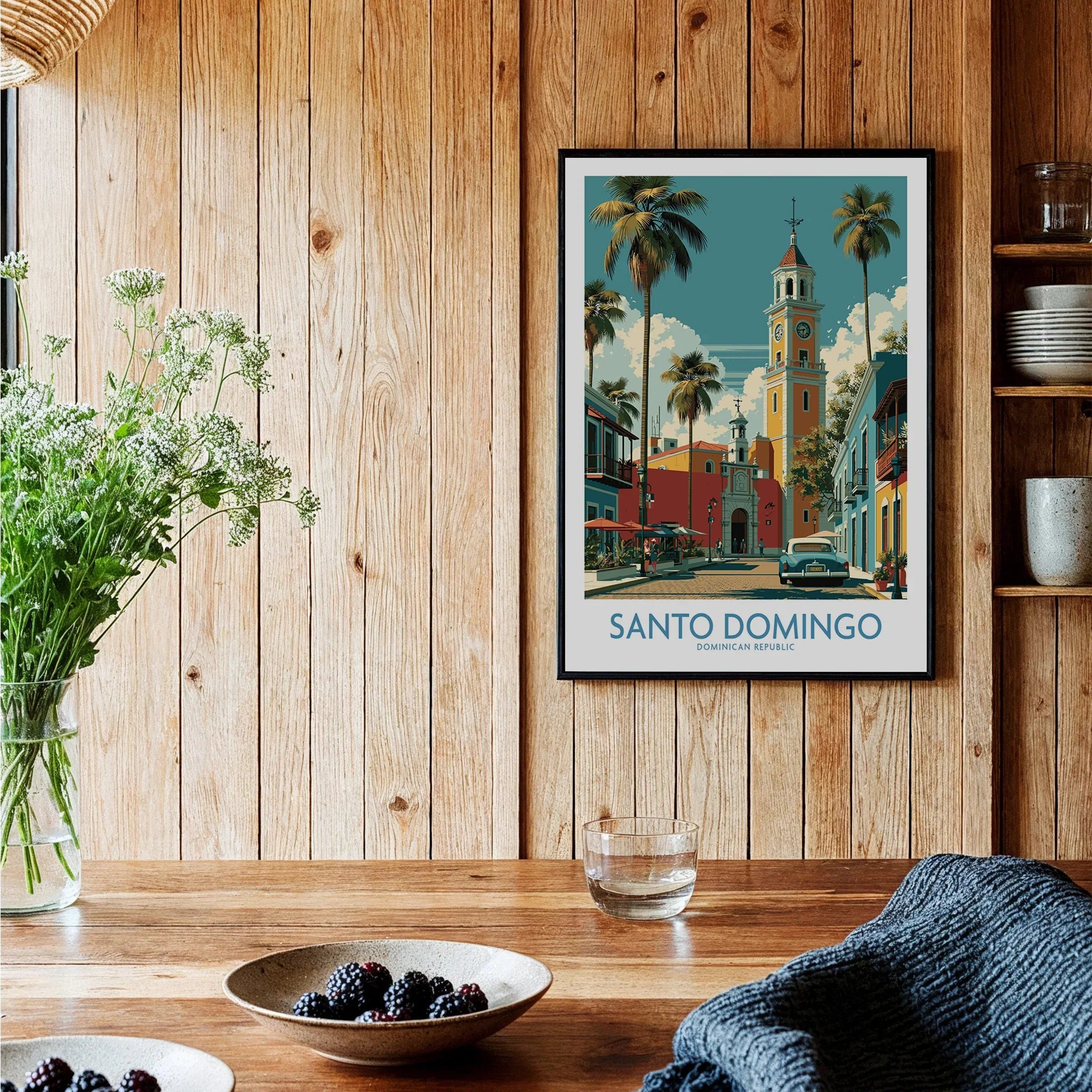 Santo Domingo travel poster with colorful colonial buildings, palm trees, and vintage car, perfect wall art for home decor.