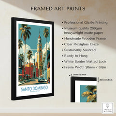 Santo Domingo travel poster print with palm trees, clock tower, and vintage car in black frame for wall art