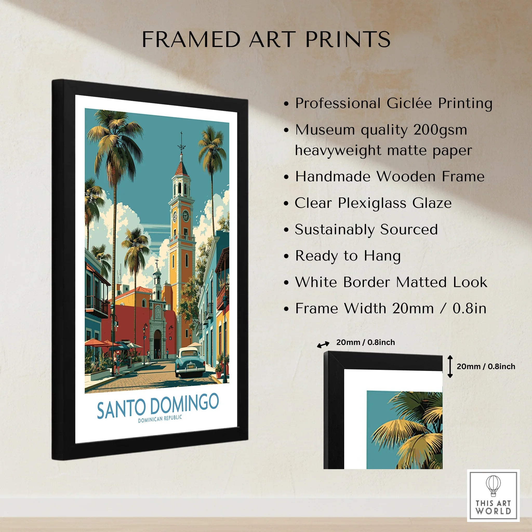 Santo Domingo travel poster print with palm trees, clock tower, and vintage car in black frame for wall art