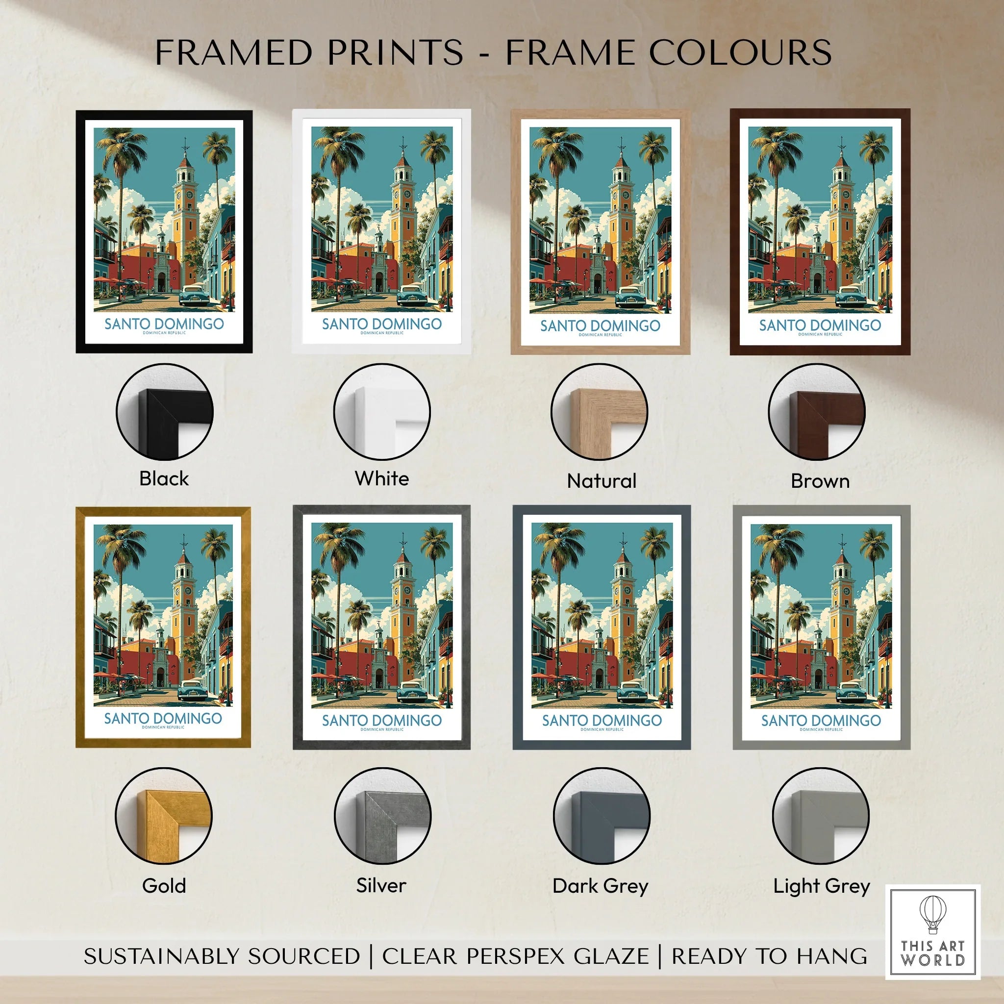 Santo Domingo travel poster in 8 frame colors: black, white, natural, brown, gold, silver, dark grey, light grey