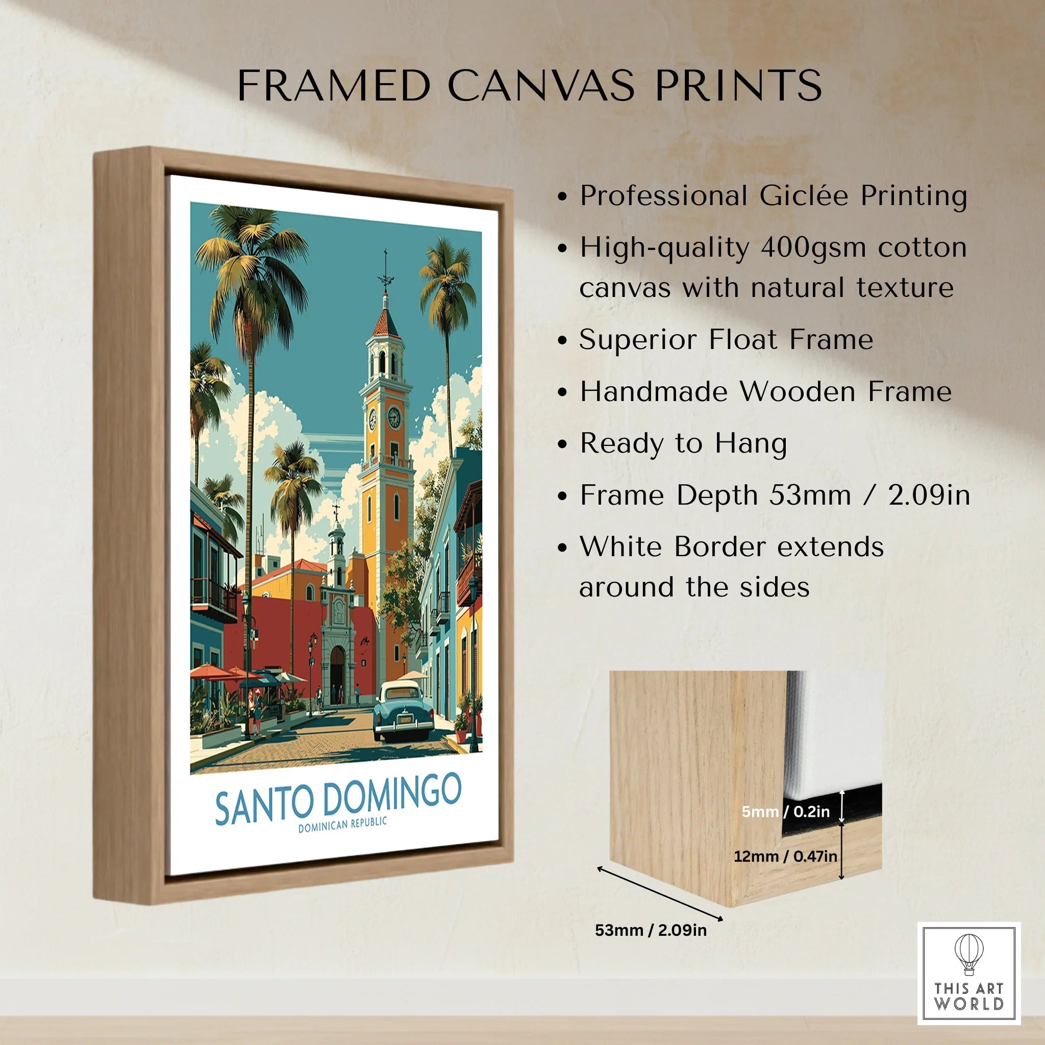 Santo Domingo travel poster print in wooden frame, vibrant cityscape with palm trees and historic architecture